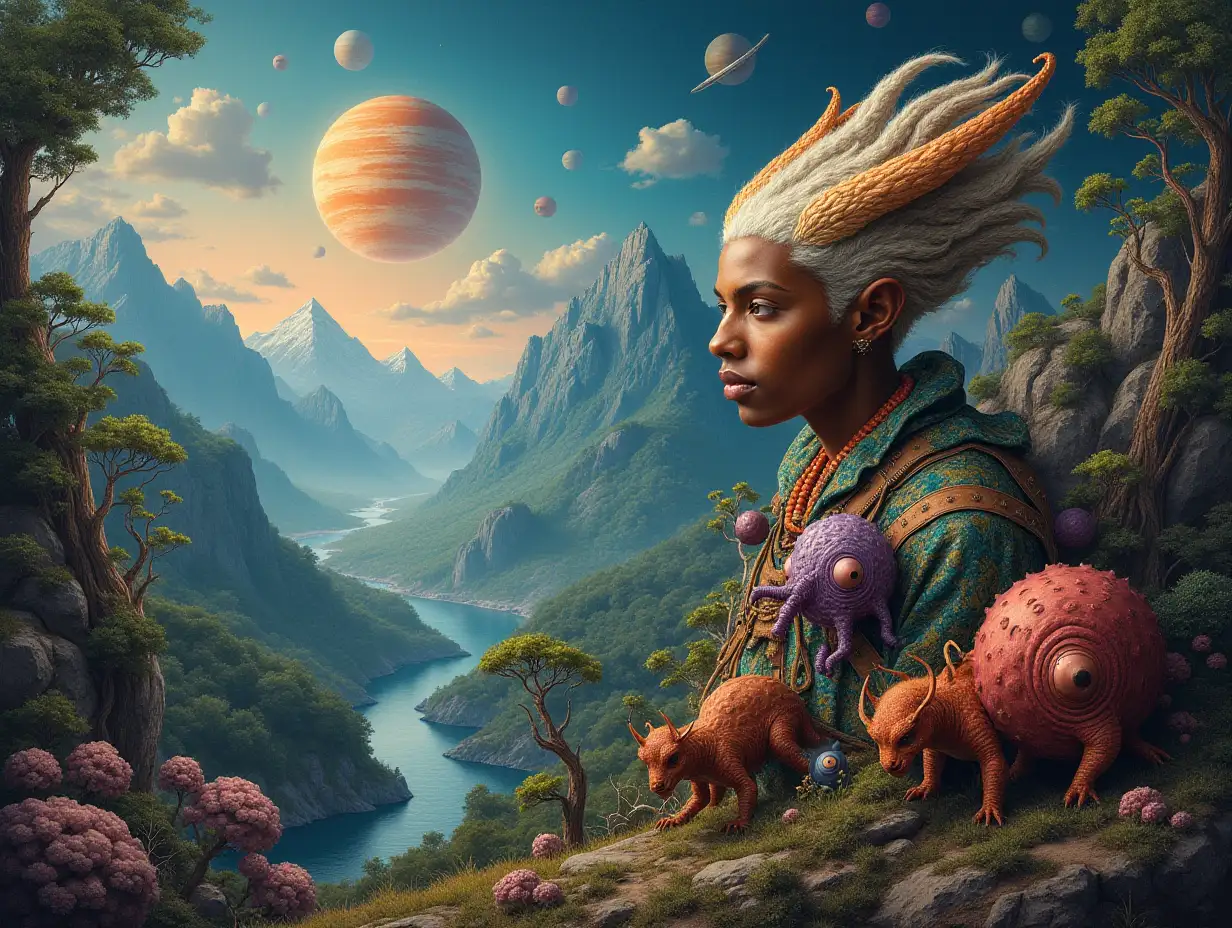 Hyperrealistic portrait of a multiverse time traveler with various strange alien creatures The elaborately detailed, colorful forested planets, in the background mountains pyramids and sea