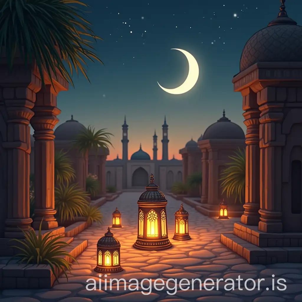 Ramadan-in-a-Najdi-Historical-Landscape-with-Lanterns-and-Crescent-Moon