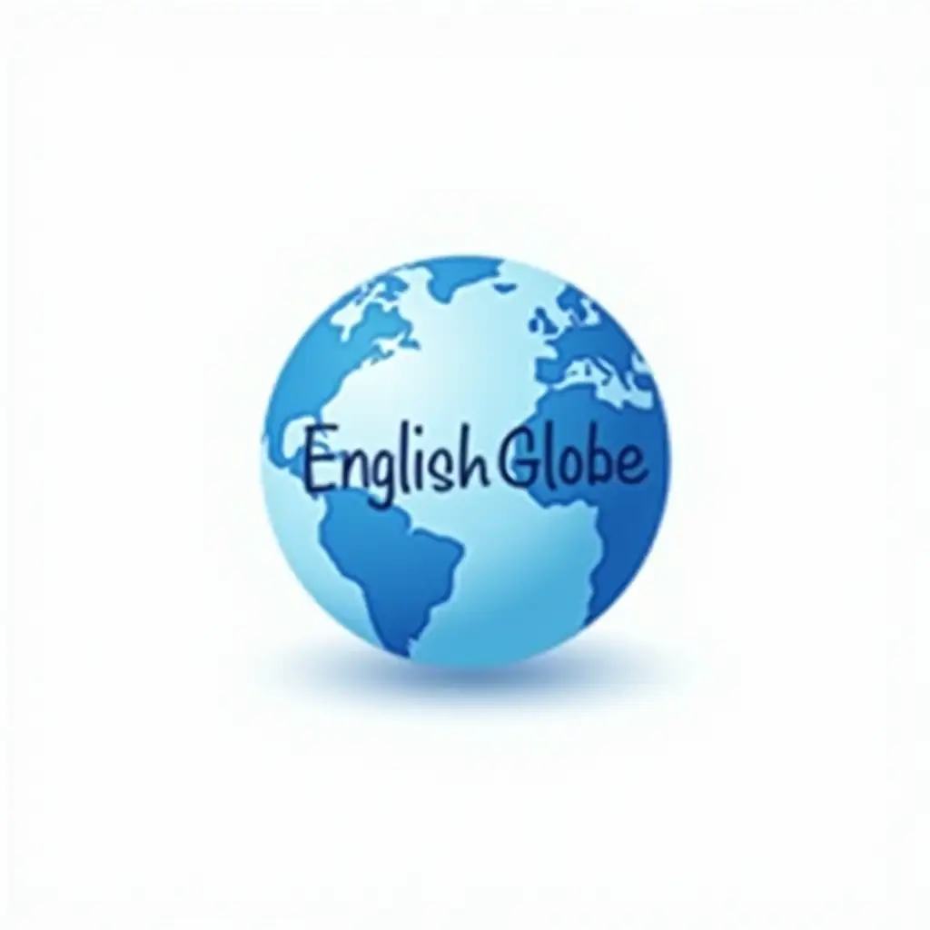 Minimalist logo: blue globe with English letters as texture, clean white background, curved ‘EnglishGlobe’ text above, modern education style, 2D vector