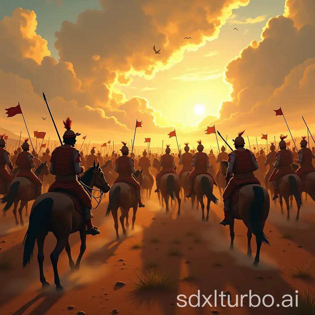 An epic battle scene on a vast savanna with Sundiata Keita leading a massive army of warriors in traditional Mandinka armor. The sky is dramatic, with swirling clouds and rays of light. Soumaoro Kanté is depicted fleeing on horseback, his dark magic fading, while Sundiata's forces celebrate their victory, animation style