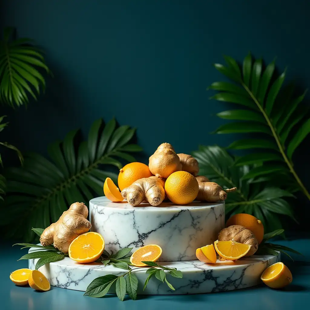 Tropical-Marble-Podium-Surrounded-by-Fresh-Fruits-and-Lush-Foliage