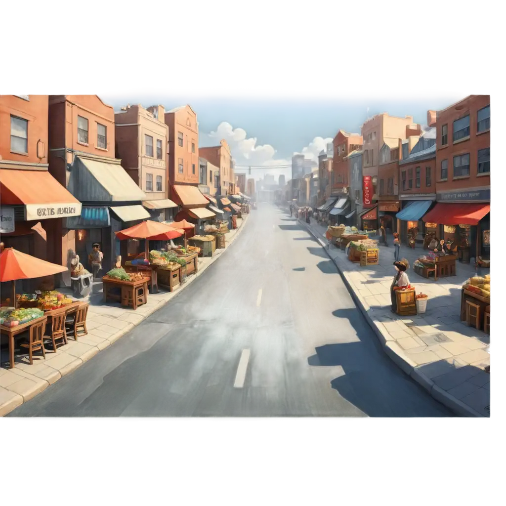 general market crossroads cartoon, digital painting, highly detailed, cinematic lighting