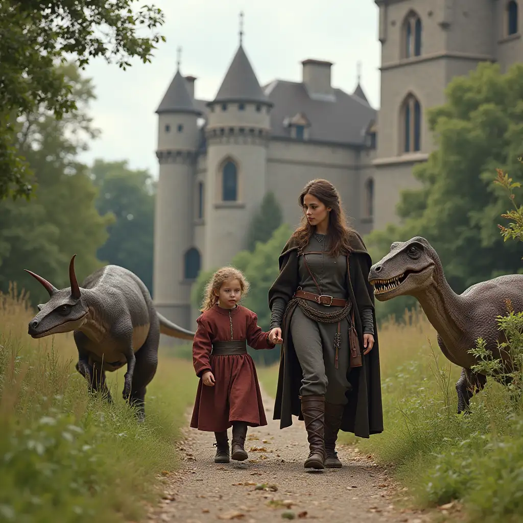 Family-in-Medieval-Clothes-Leaving-Castle-with-Dinosaurs