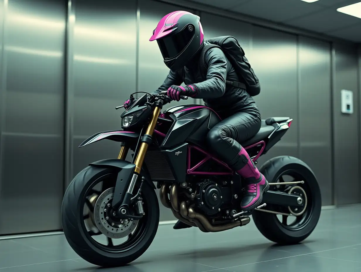 a photo of a teenage woman riding a speedy motorbike with complete wheels, inside an elevator with floor and metallic walls, she is entirely covered, wearing a black durable racing suit with notable pink details, bulky motorbike boots, full helmet with mask, gloves, backpack straps, knee pads, lots of wearable gear, turned to front, eyes visible