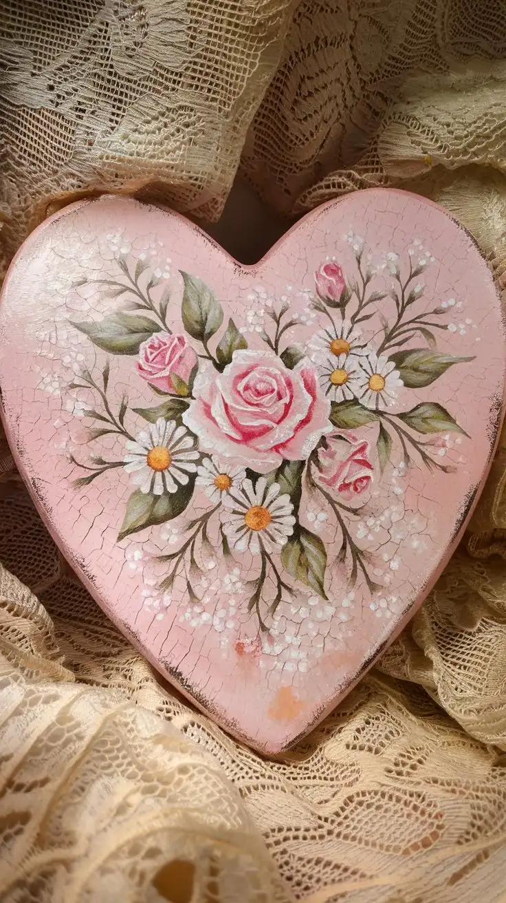 Shabby-Chic-Painted-Wooden-Heart-with-Floral-Patterns-and-Lace-Background