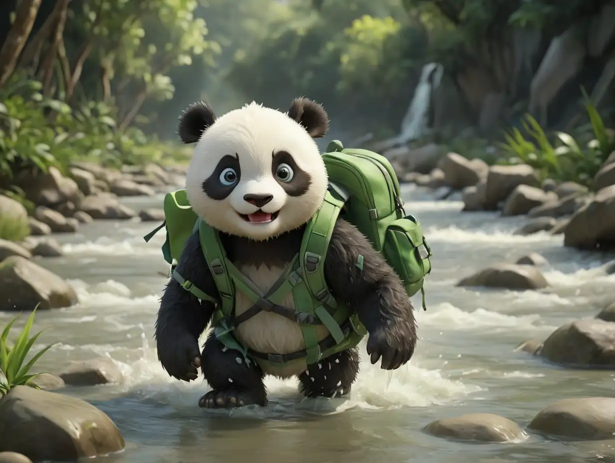 Panda-Cub-Crossing-FastFlowing-River-with-Green-Backpack