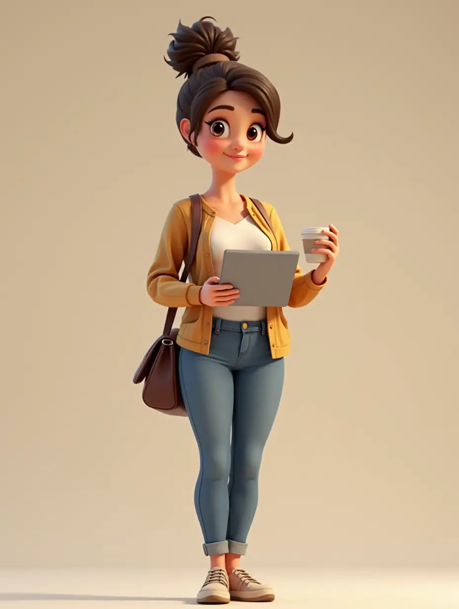 a 30-year-old woman, stands full height, looks straight ahead, holds a tablet in her left hand, holds a cup of coffee in her right hand. Pixar 3D style. High quality.