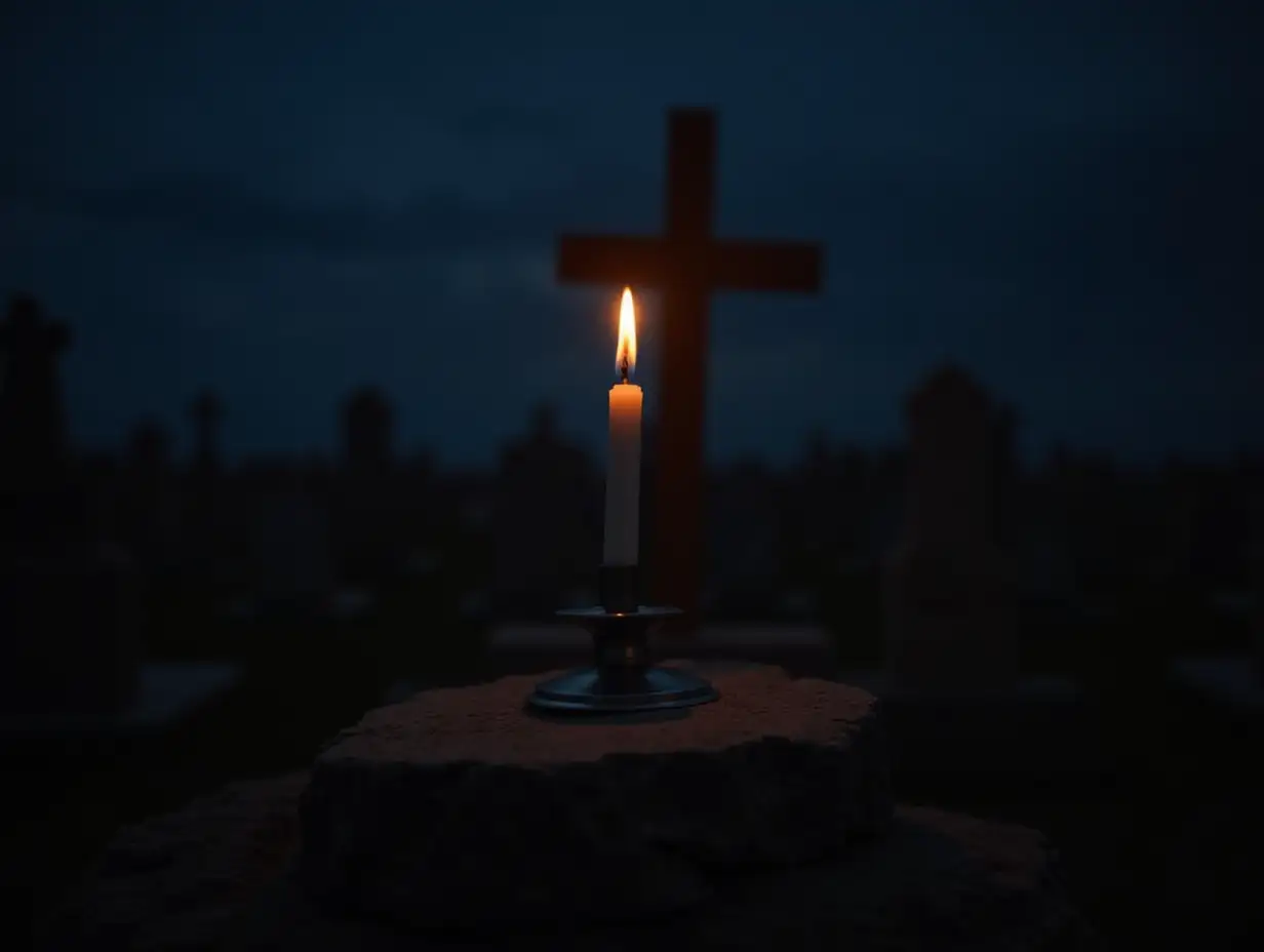 night at the cemetery a candle is burning on the cross