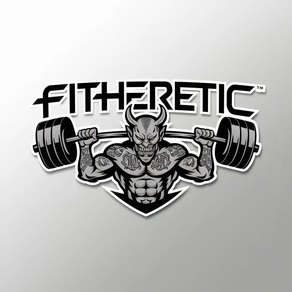 a logo design,with the text "Fitheretic", main symbol:Demon with muscles,complex,be used in Sports Fitness industry,clear background