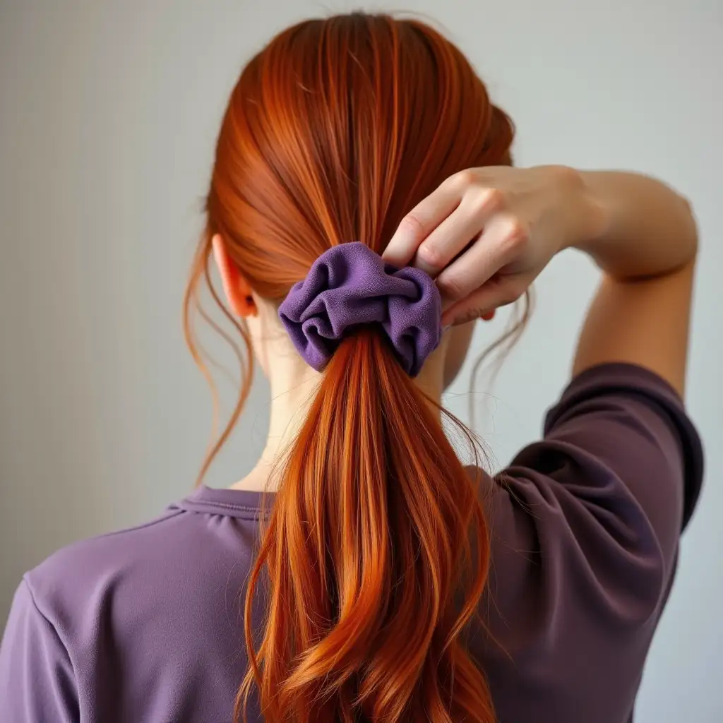 Woman-with-Long-RedWoman-with-red-hair-ponytail-Hair-Preparing-to-Tie-a-Ponytail-with-Purple-Scrunchie