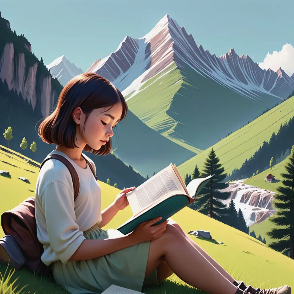 A fresh and clean-style scene with a mountain in front, very good scenery, a girl holding a book is reading, only taken from the side