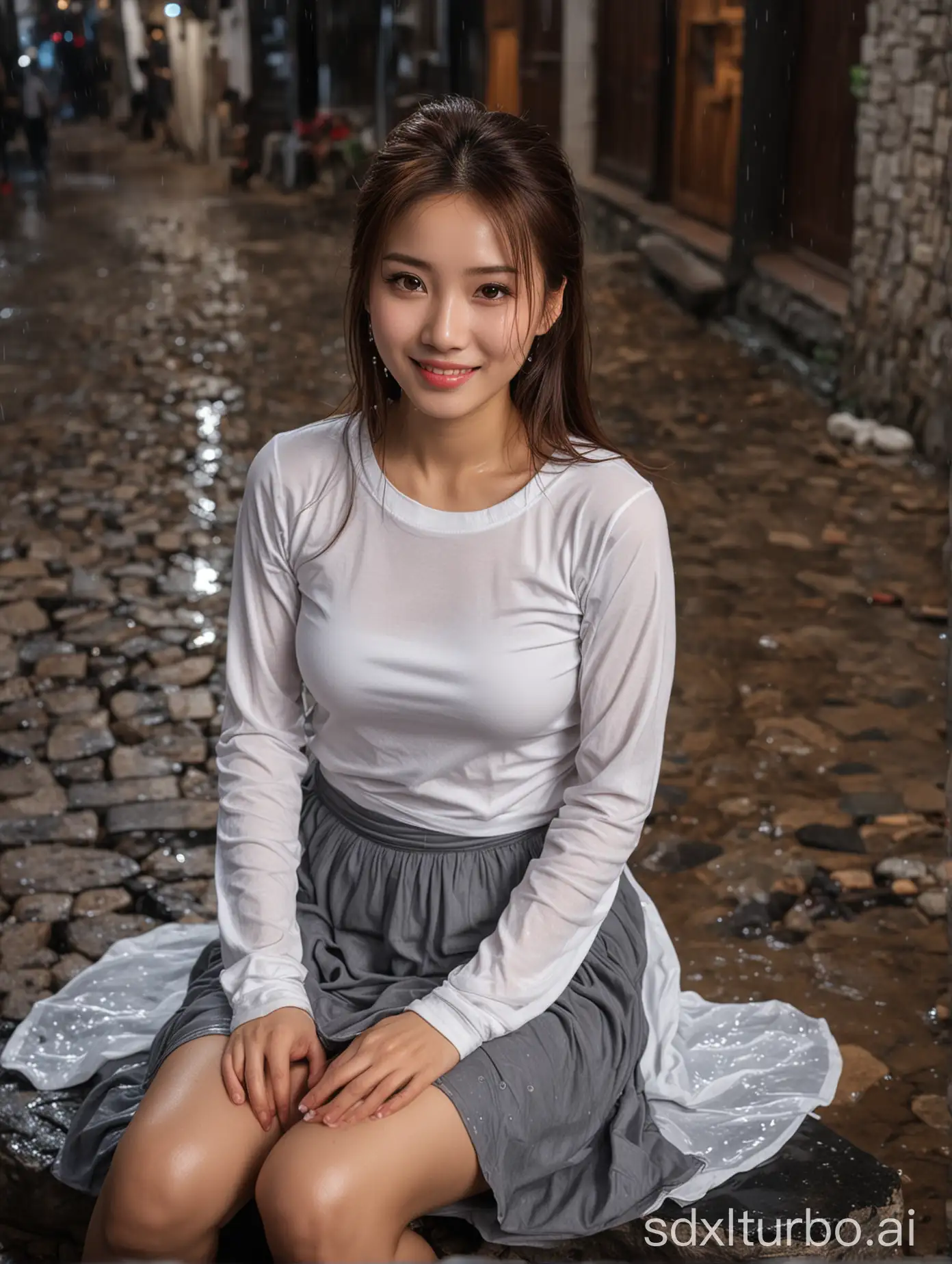 Chinese-Woman-in-Winter-Rain-Sitting-on-Stone-in-Village-with-Wet-Clothes