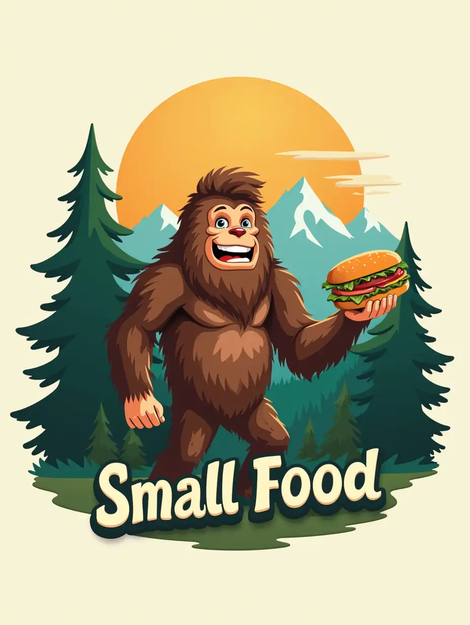 Create a logo design for a business named 'Small Food' located in California, a place known for its abundance of trees. The central character should be inspired by Bigfoot, holding a sandwich in one hand. The background should feature a scenic natural landscape with lush trees, mountains, and a peaceful atmosphere. The overall style should be friendly and inviting, emphasizing the connection to nature and delicious food.