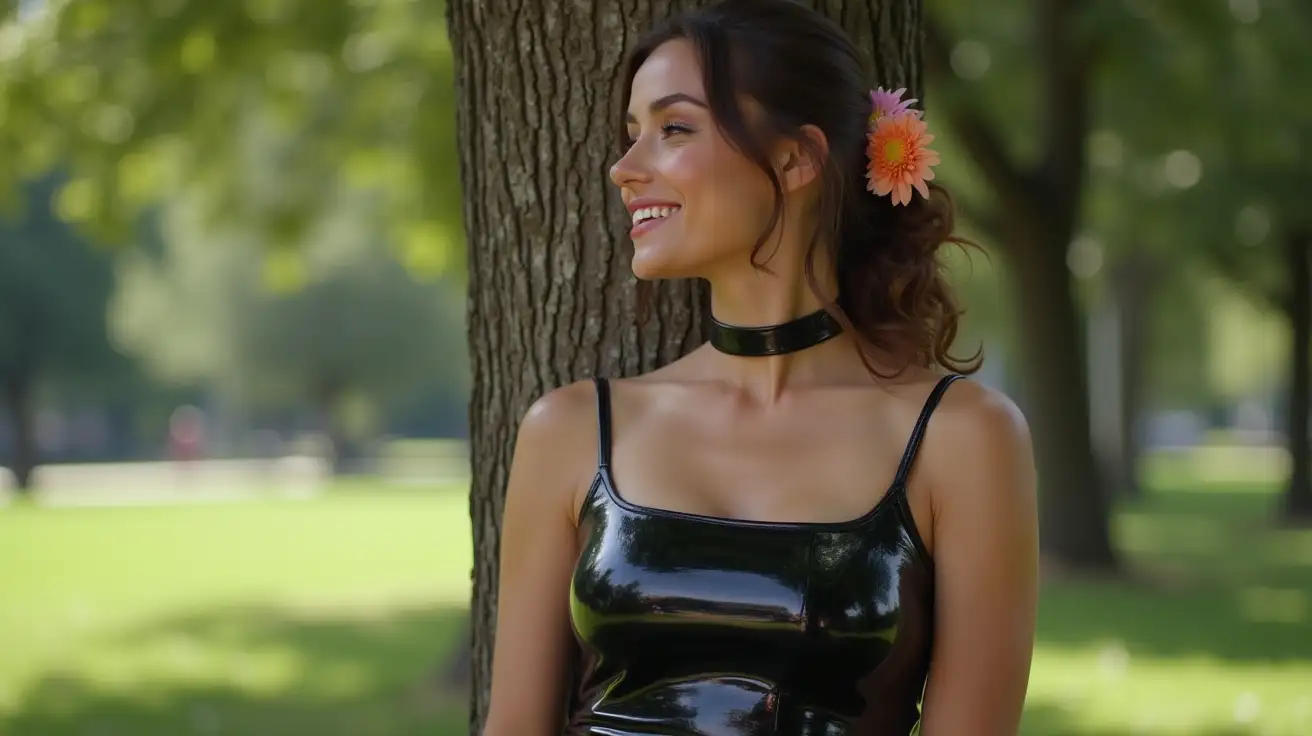 Confident-Woman-Leaning-Against-Tree-in-City-Park