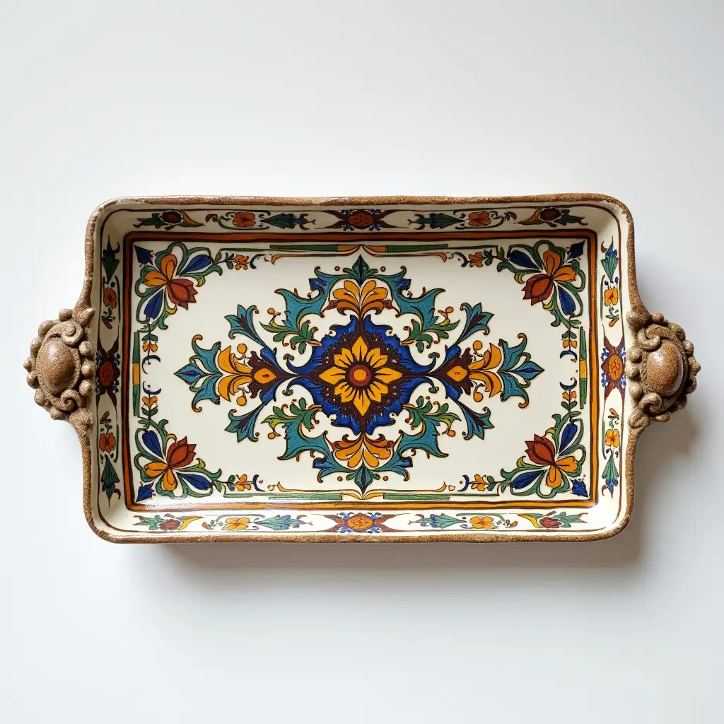 Bracketed rectanglere with rounded corners ceramic serving dish with embossed beautiful ceramic handle, Relief Underglaze painting on white body, Fine art, Hyper detailed, Antique and old, Qajar art, Iranian Tabriz carpet design