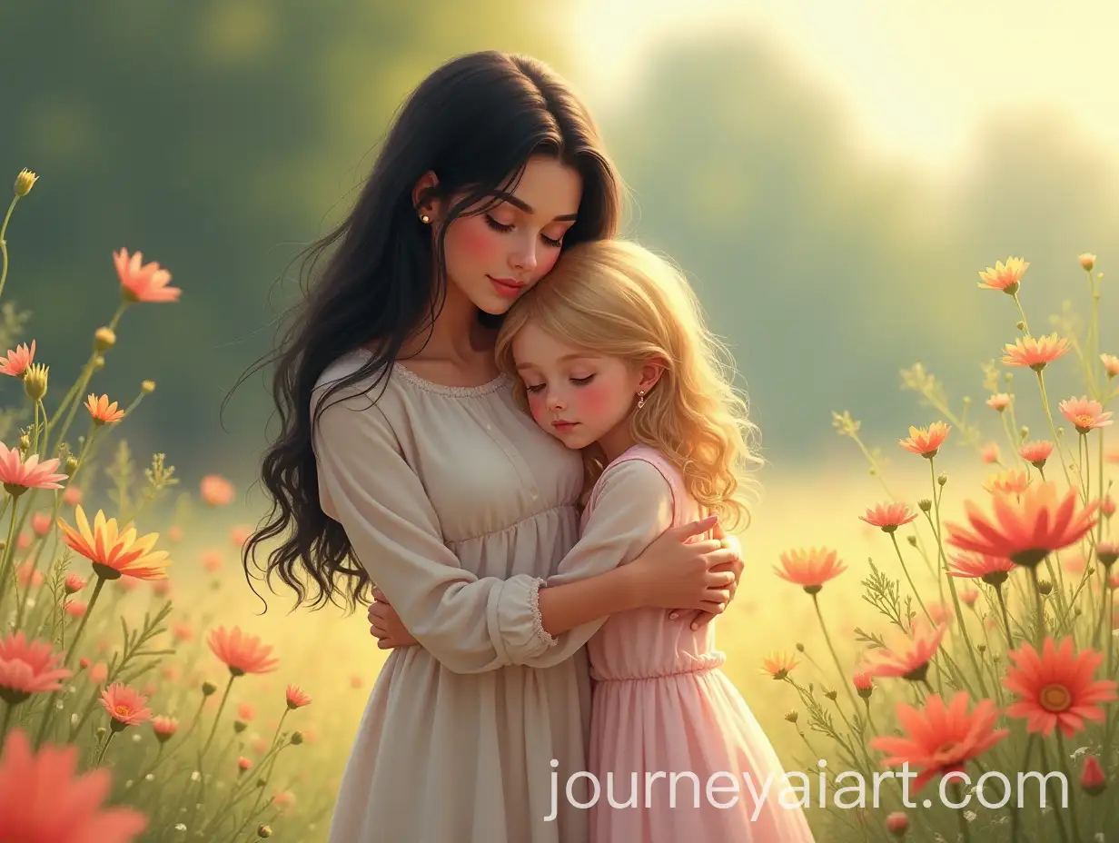 Mother-and-Daughter-Embracing-in-Serene-Floral-Setting