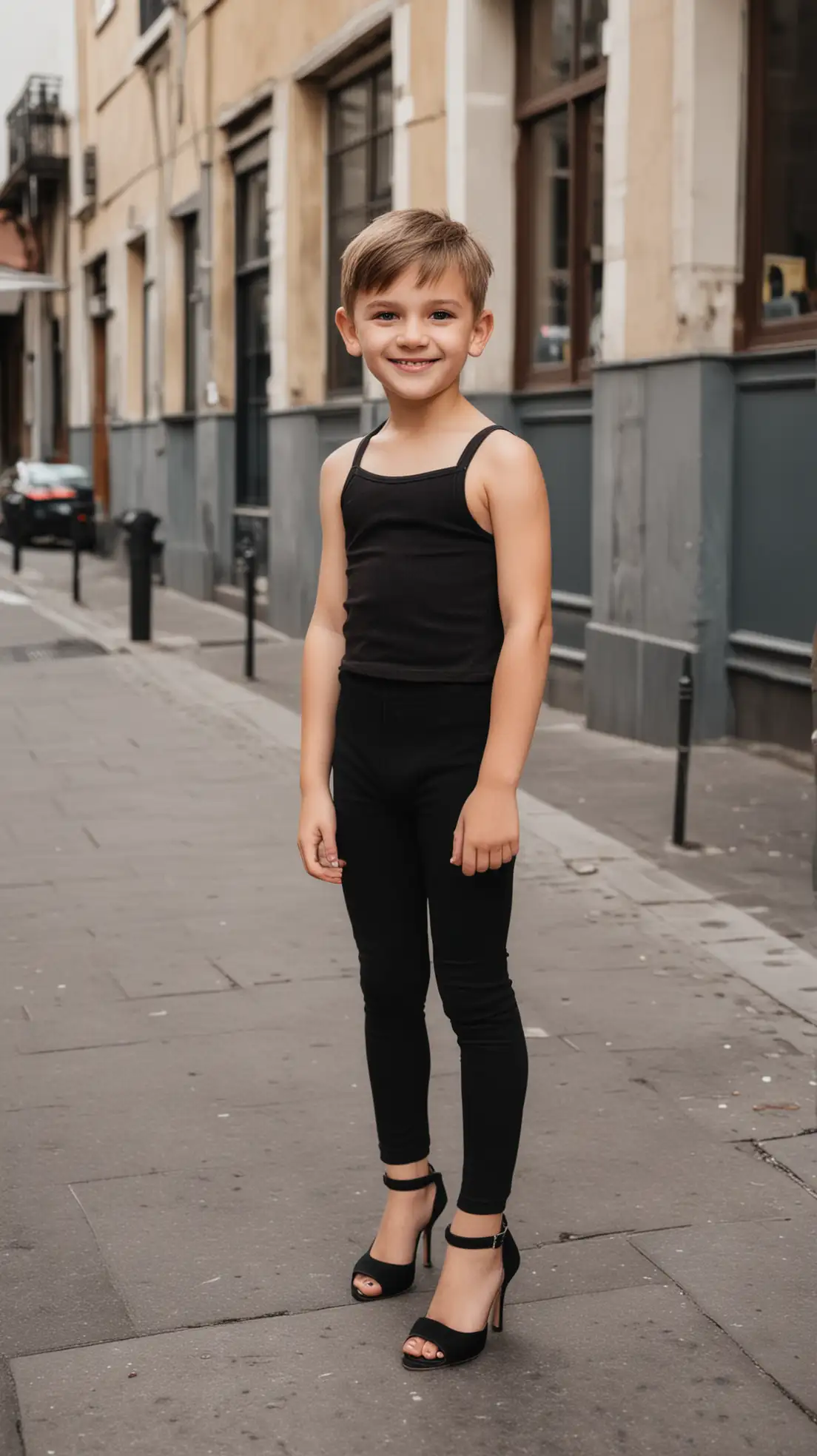 little european boy wear black croptop and a black leggings and black high heels and staying in the city and smiling and brown short hair