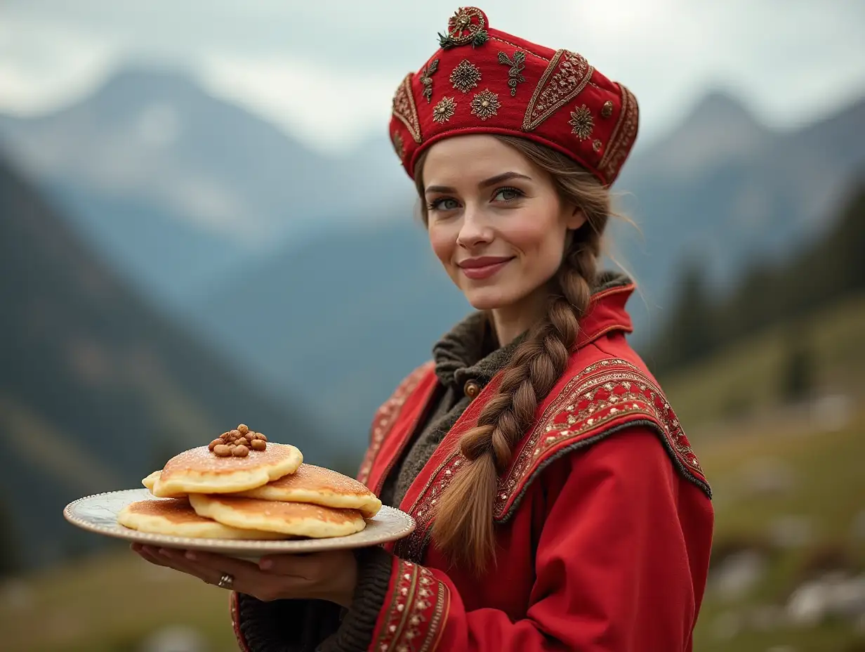 Russian woman, with pancakes, dressed in a Russian antique shower jacket and Russian national painted red kokoshnik, Carnival holiday, realism mountain background