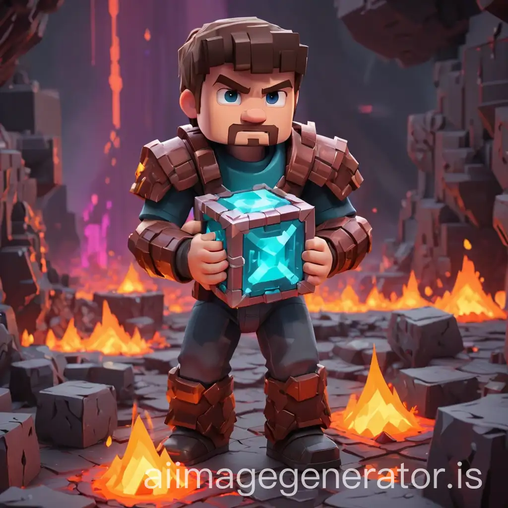 Steve-from-Minecraft-in-Diamond-Armor-Holding-Lava-Cube-in-the-Nether