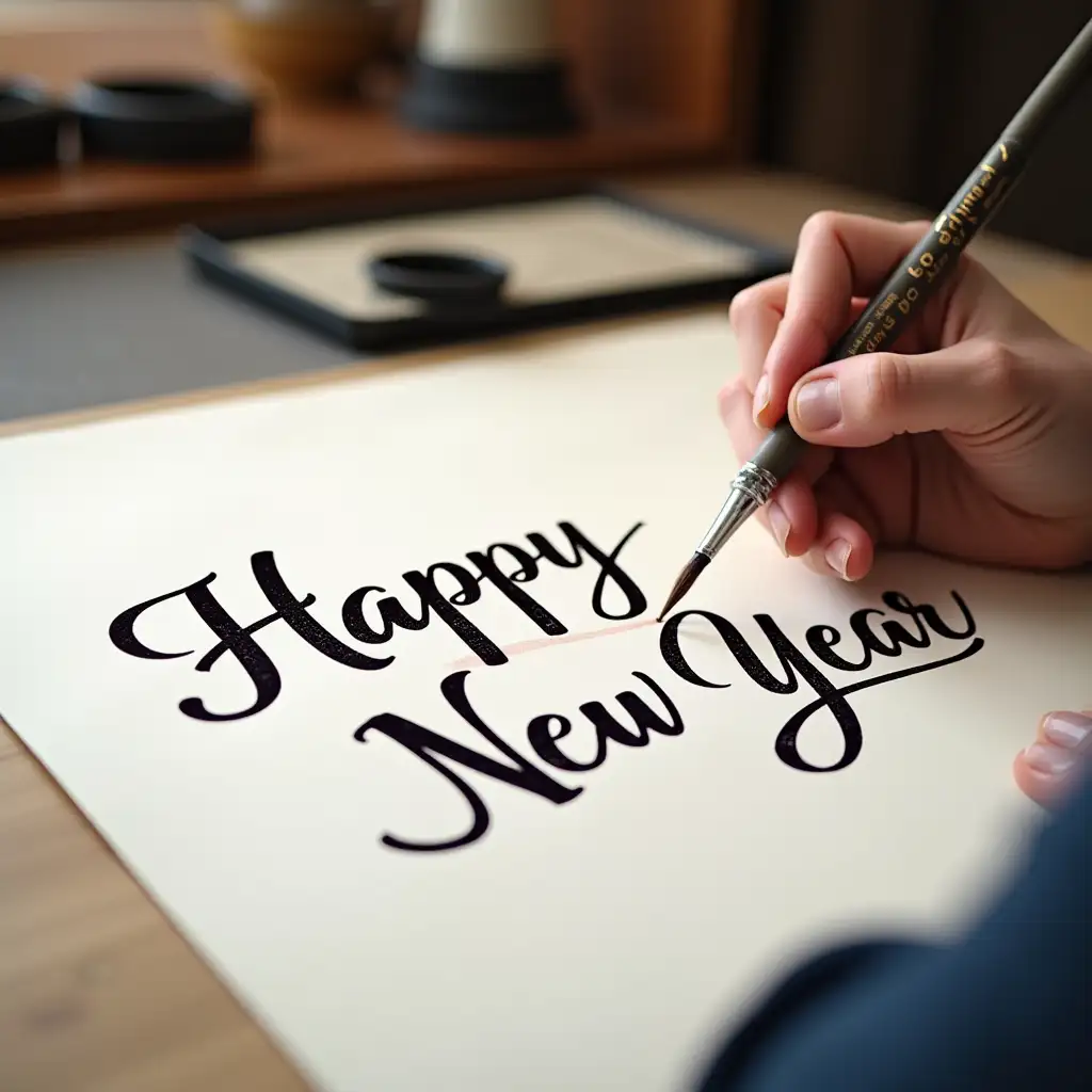 Person-Practicing-Calligraphy-with-Large-Brush-Writing-Happy-New-Year-in-Ink