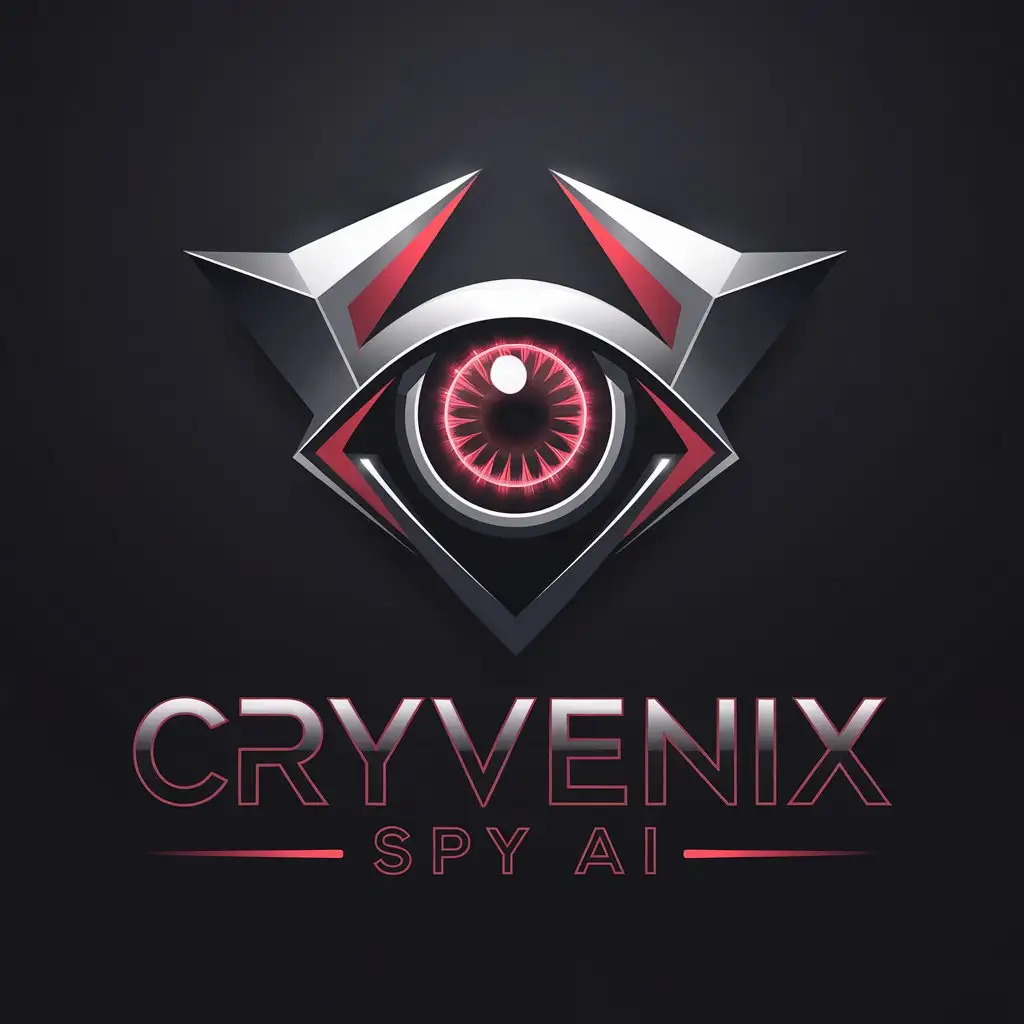 LOGO Design for Cryvenix Spy AI Futuristic Eye with Glowing Red Iris and Metallic Lines