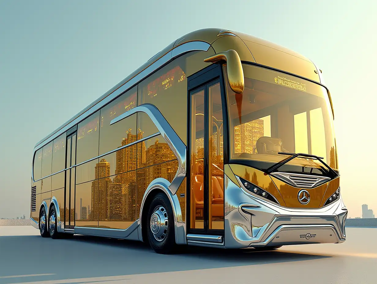 A super modern bus with a ten-story high gold and silver building with chrome wheels Cyberpunk