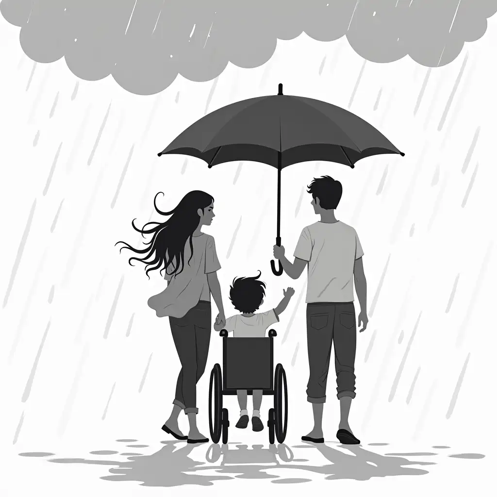 The image is a black and white illustration of a parents with disabled child walking in the rain. Child is in wheelchair. Their hair is blowing in the wind. The background is a cloudy sky with raindrops falling from the sky. In the center of the image, there is a large umbrella above the family, protecting them from the rain. realistic