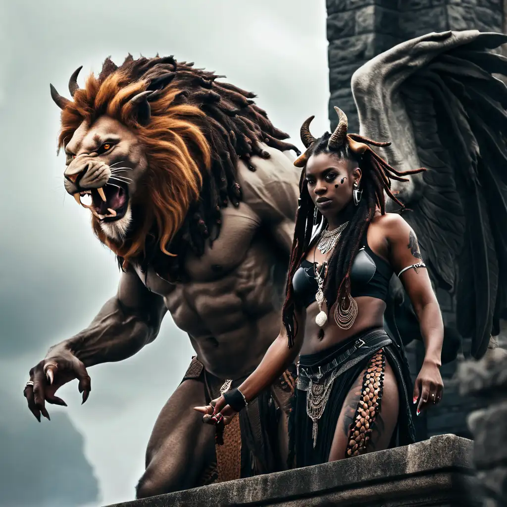 make he is made of fur the fur lion- human body mid shiftafrican american beast man hybrid lion half man half lion shifter with tattoos dark skin brown skin gargoyle looks like a gargoyle woman with horn baddie made of stone has blood on her leg woman pretty gargoygle wings she has black dread locs