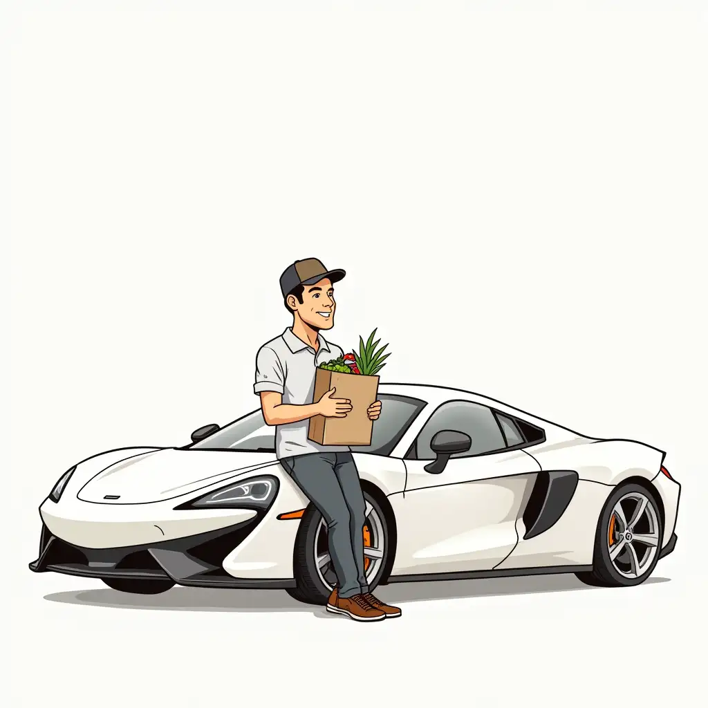 the guy is leaning against a sports car, holding a bag of groceries. Cartoon drawing, minimalism sketch