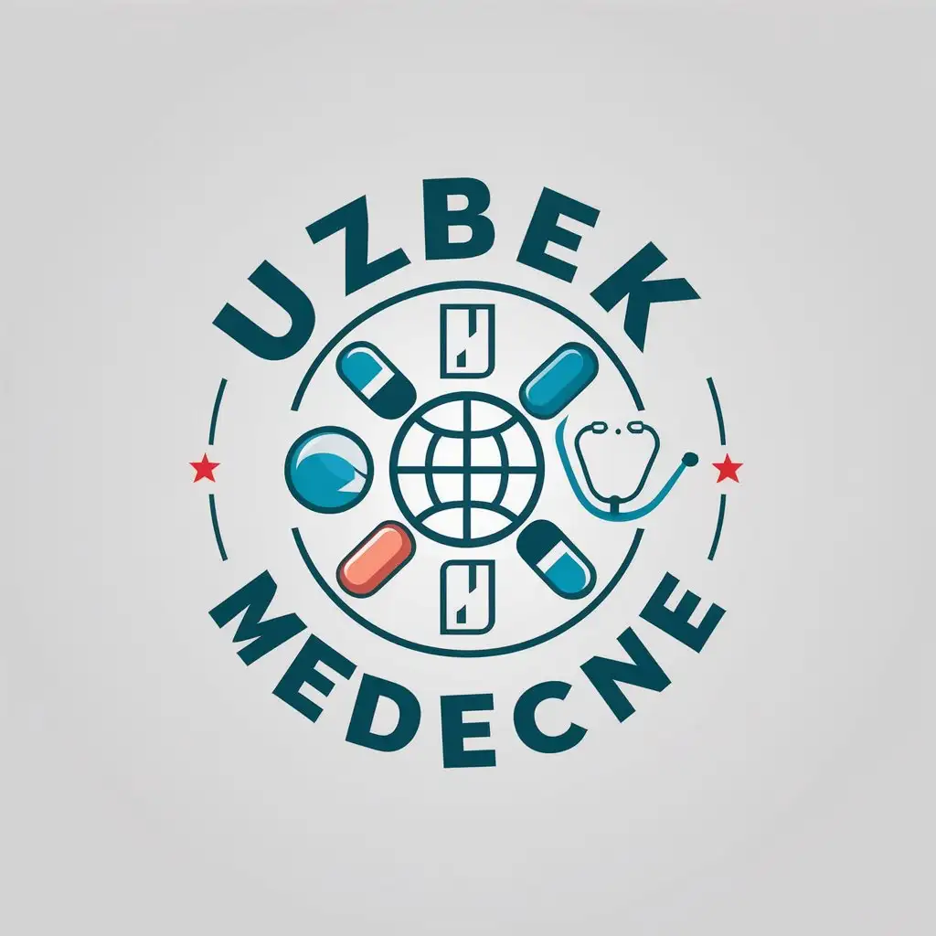 LOGO Design For Uzbek Medicine Vector Design with Pills Stethoscope and Globe