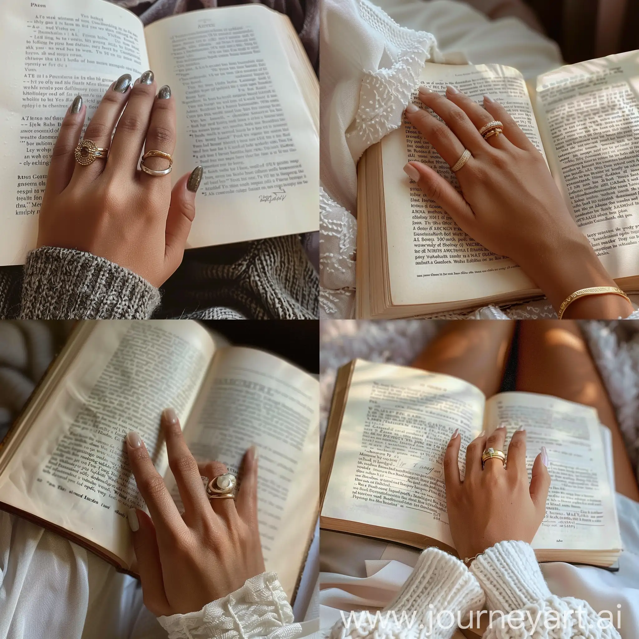 Elegant-Womans-Hand-with-Rings-Resting-on-Open-Book