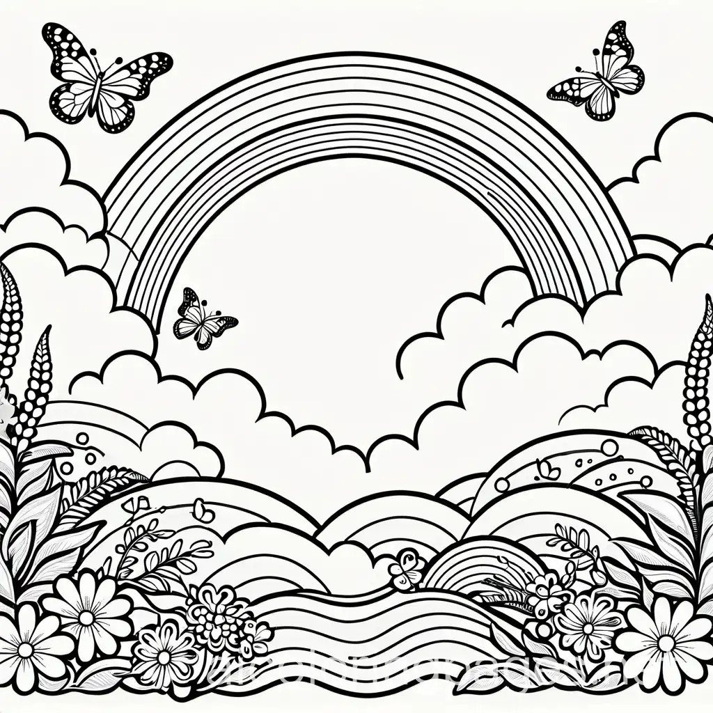 rainbow with clouds at the end butterflies flying around, Coloring Page, black and white, line art, white background, Simplicity, Ample White Space. The background of the coloring page is plain white to make it easy for young children to color within the lines. The outlines of all the subjects are easy to distinguish, making it simple for kids to color without too much difficulty