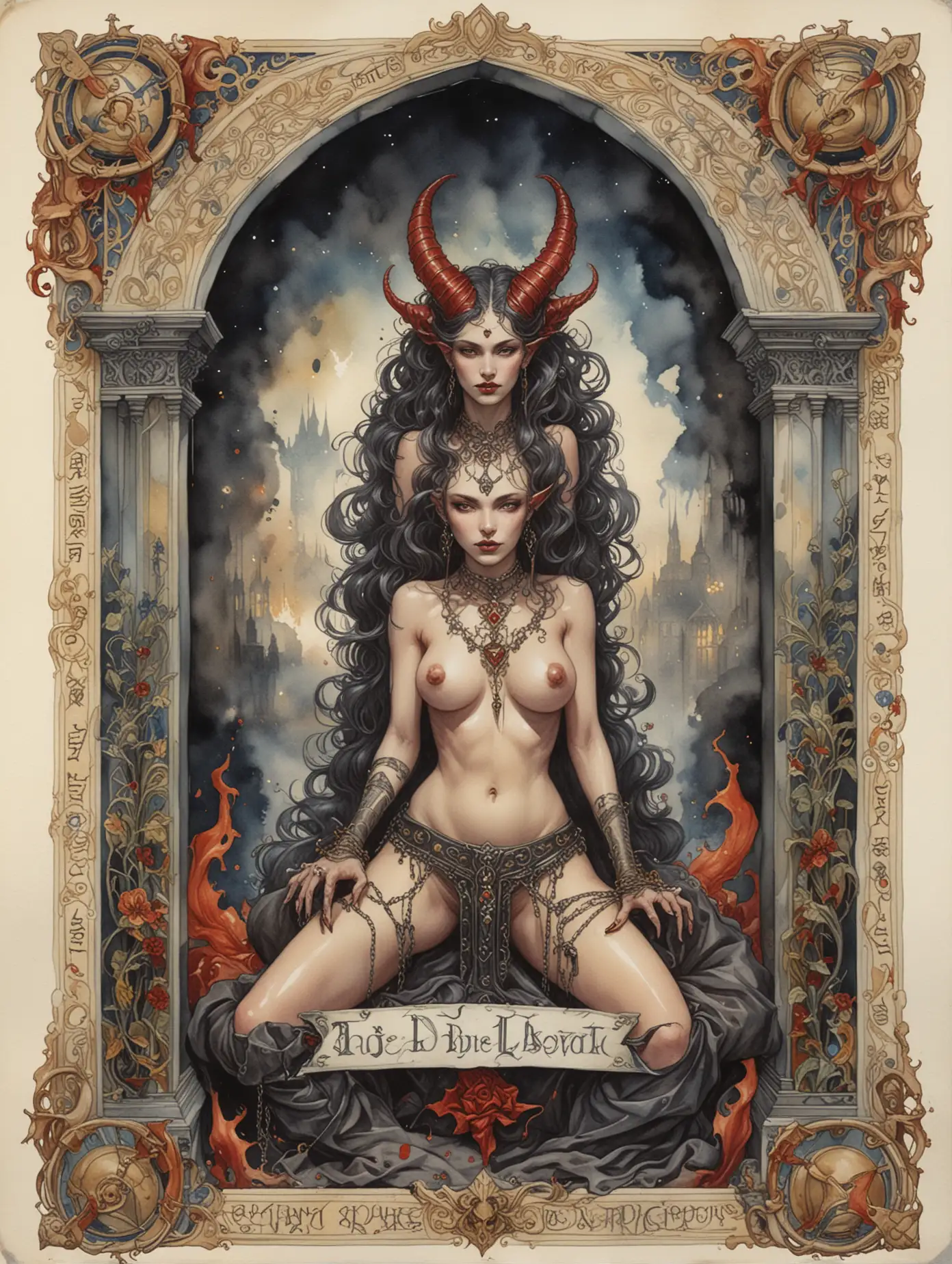 Futuristic-Tarot-Card-of-The-Devil-with-Sins-and-Chains-in-Watercolor