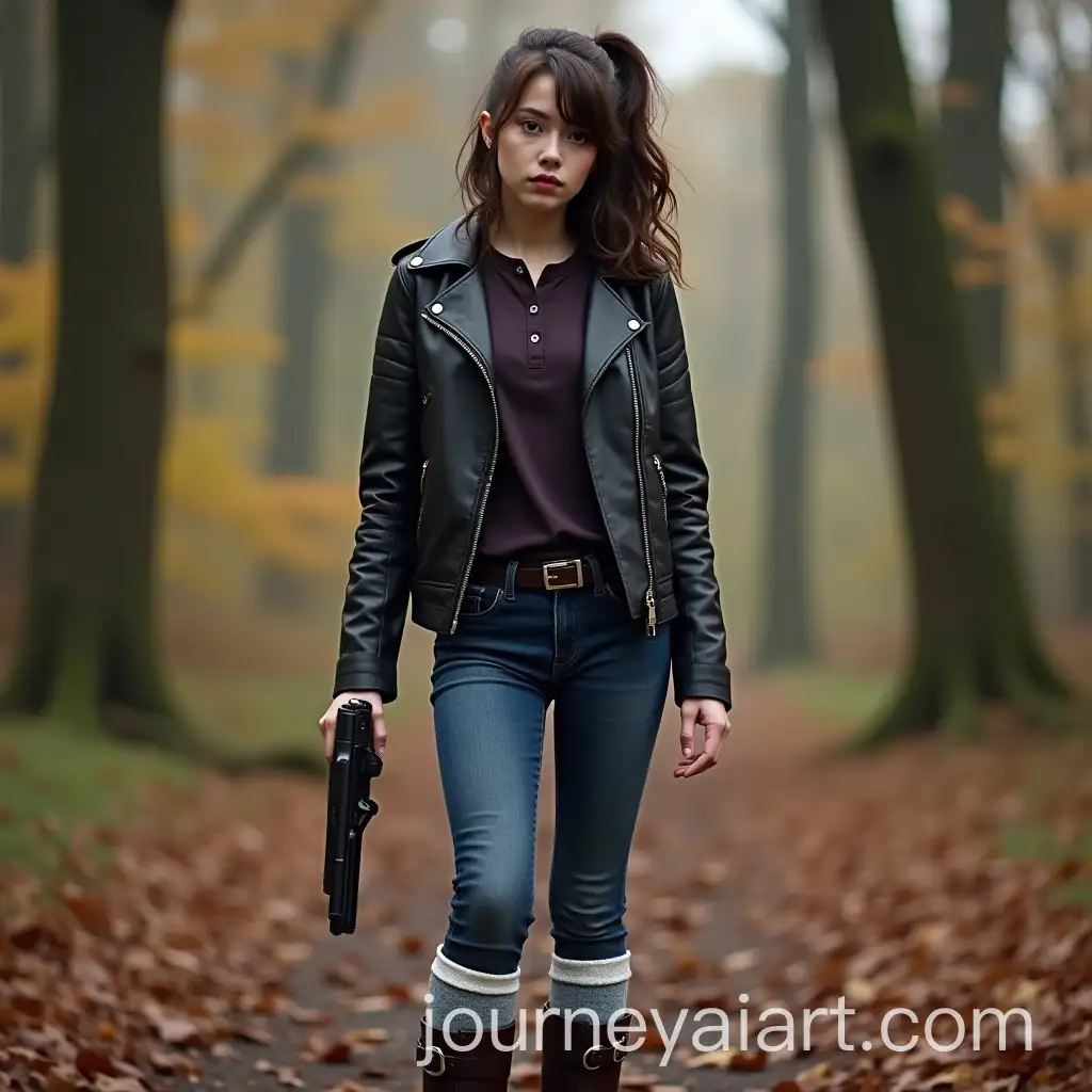 Young-Woman-in-80s-Fashion-Holding-a-Gun-in-an-Autumn-English-Forest