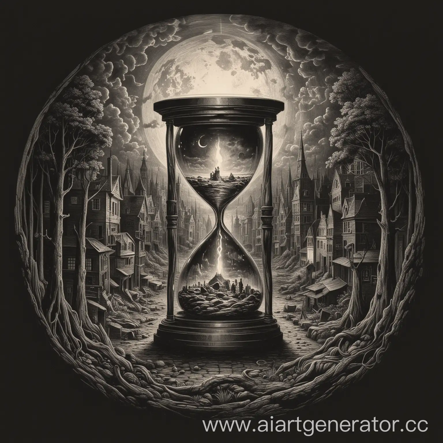 Engraved-Artwork-with-Spiral-Line-Hourglass-Moon-Flames-and-Human-Brain