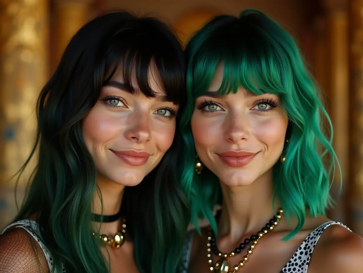 Two young black and white patternnGirls with alien face,withngreen hair, with a slightnsmile on their faces,emphasizingntheir smile, modern retronjewelry,in a temple with lots of goldndifferent shades 4k