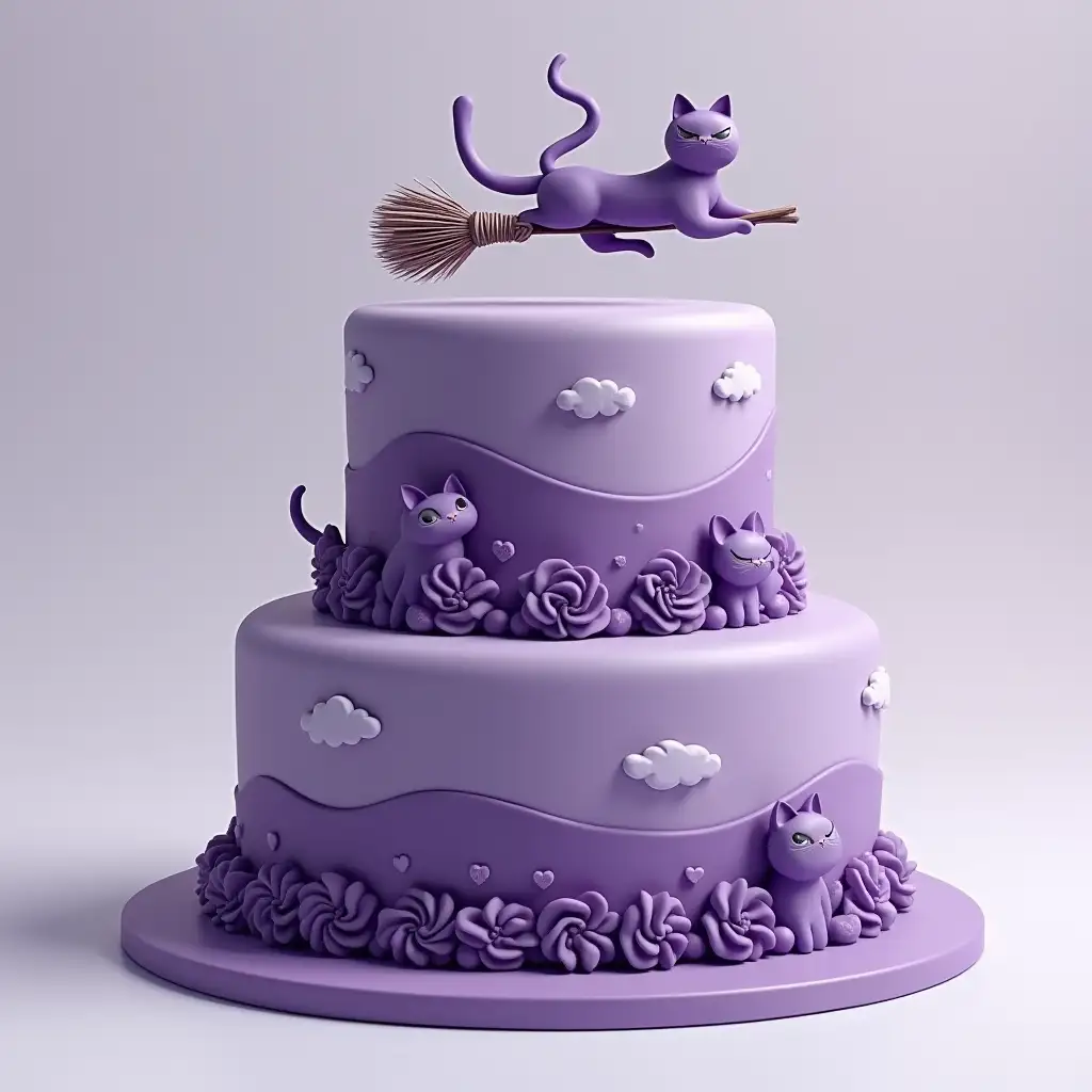 Design of a cake, purple color, magic cats flying on brooms