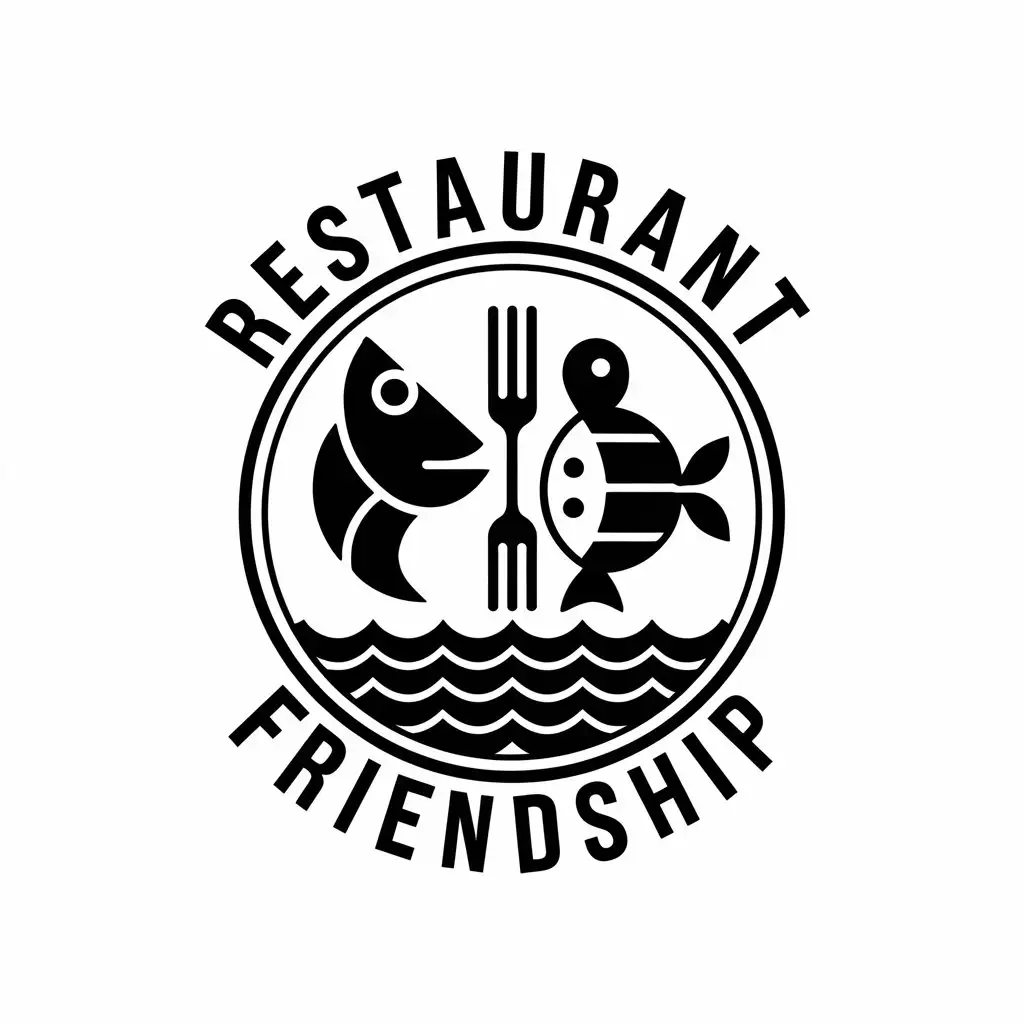 a vector logo design,with the text "restaurant friendship", main symbol:a fish and a turtle with a pair of tongs and a fork stuck together and a symbol of the sea at the bottom, all inside a circle,complex,be used in restaurant industry,clear background