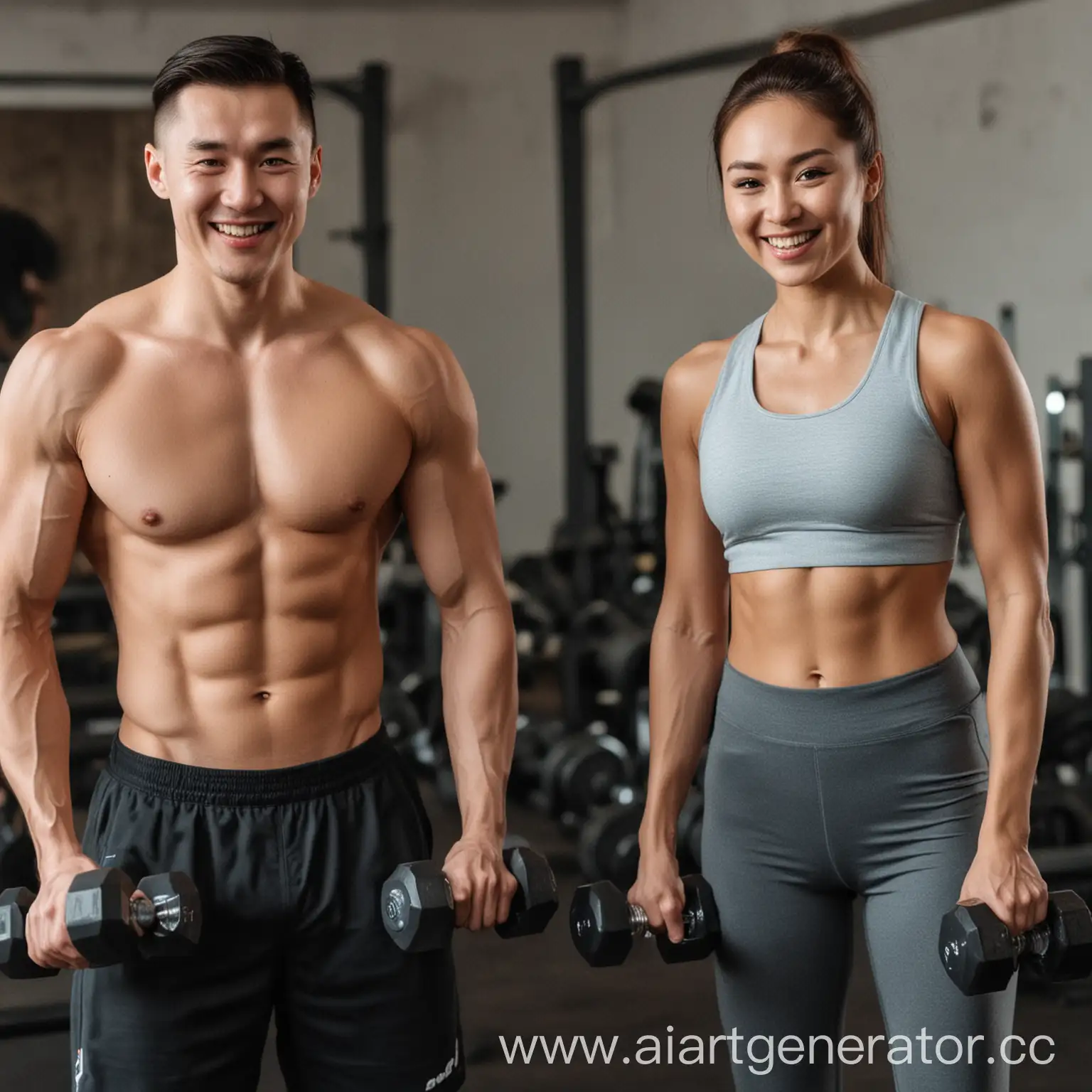 Kazakh-Couple-Smiling-Together-with-Dumbbells-in-Fitness-Room