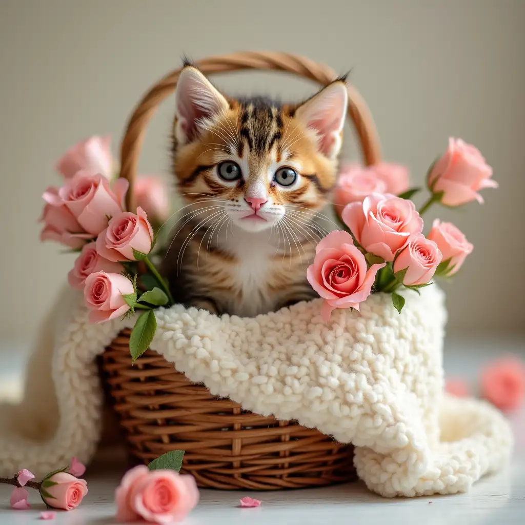 kitten, flowers, basket, fuzzy blanket,