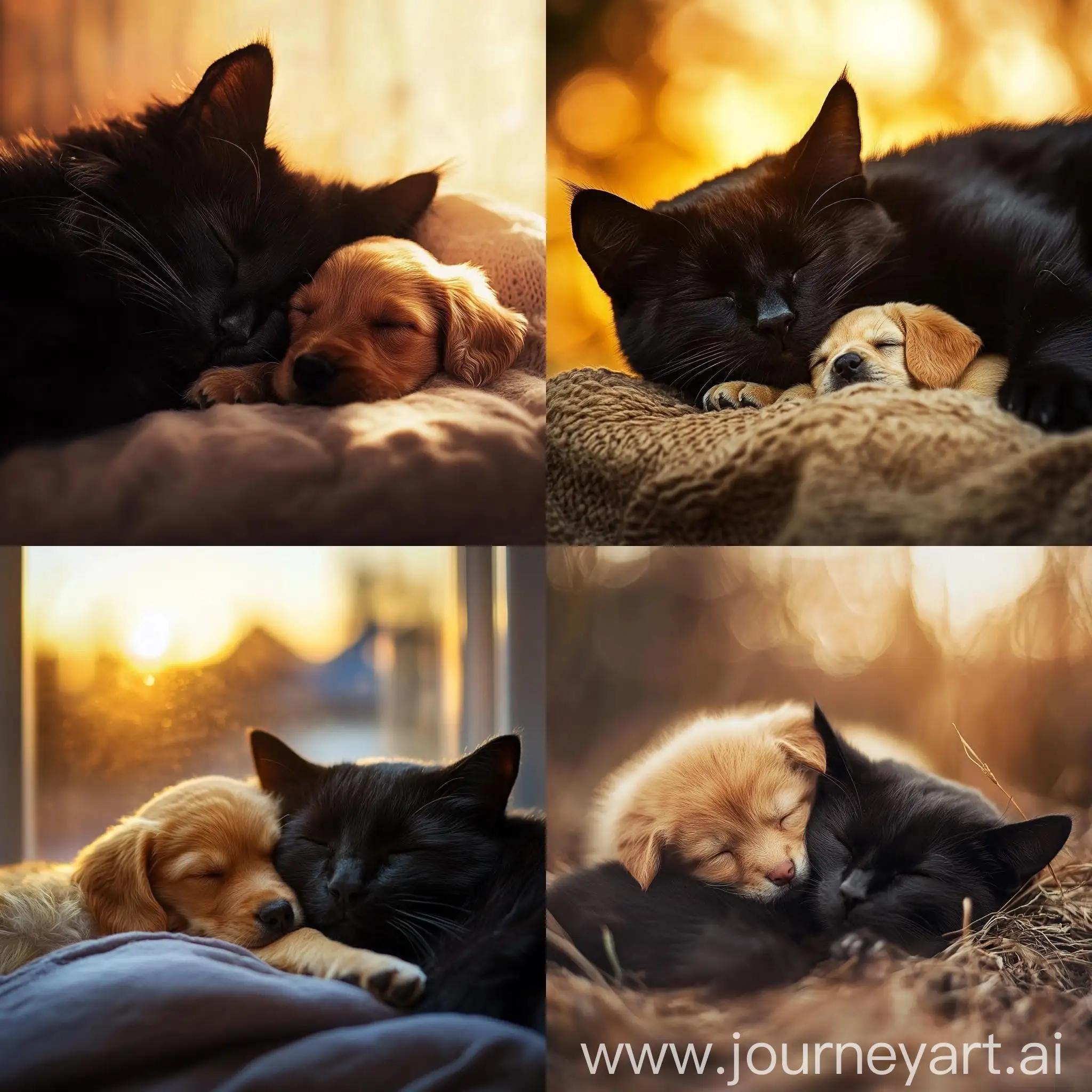 Lazy-Black-Cat-Sleeping-with-Puppy-at-Sunrise