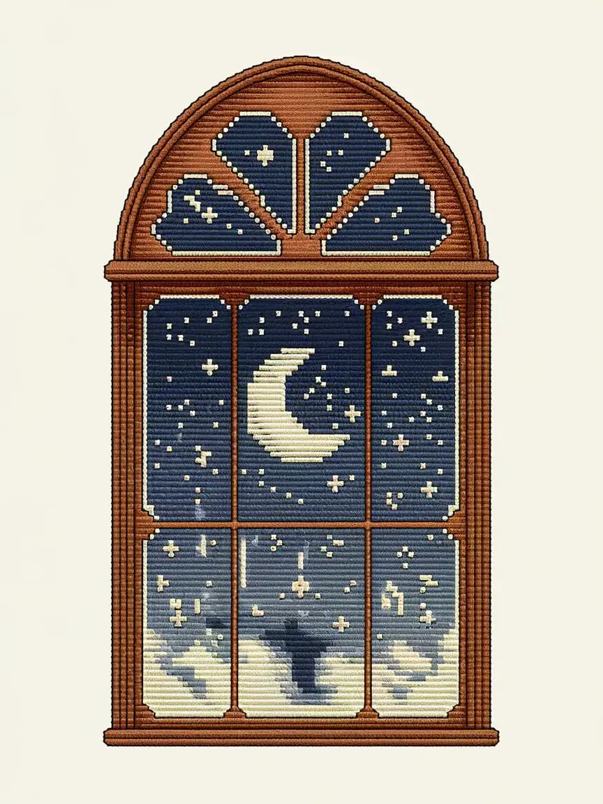 Cosy Victorian Brown Window Frame Cross Stitch with Moon and Starry Night Cream Background