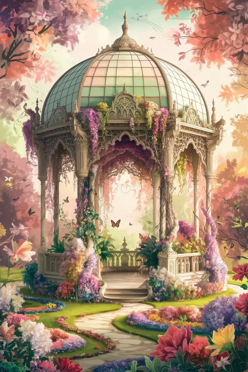 Dreamy-Garden-Pavilion-Surrounded-by-Vibrant-Floral-Landscape