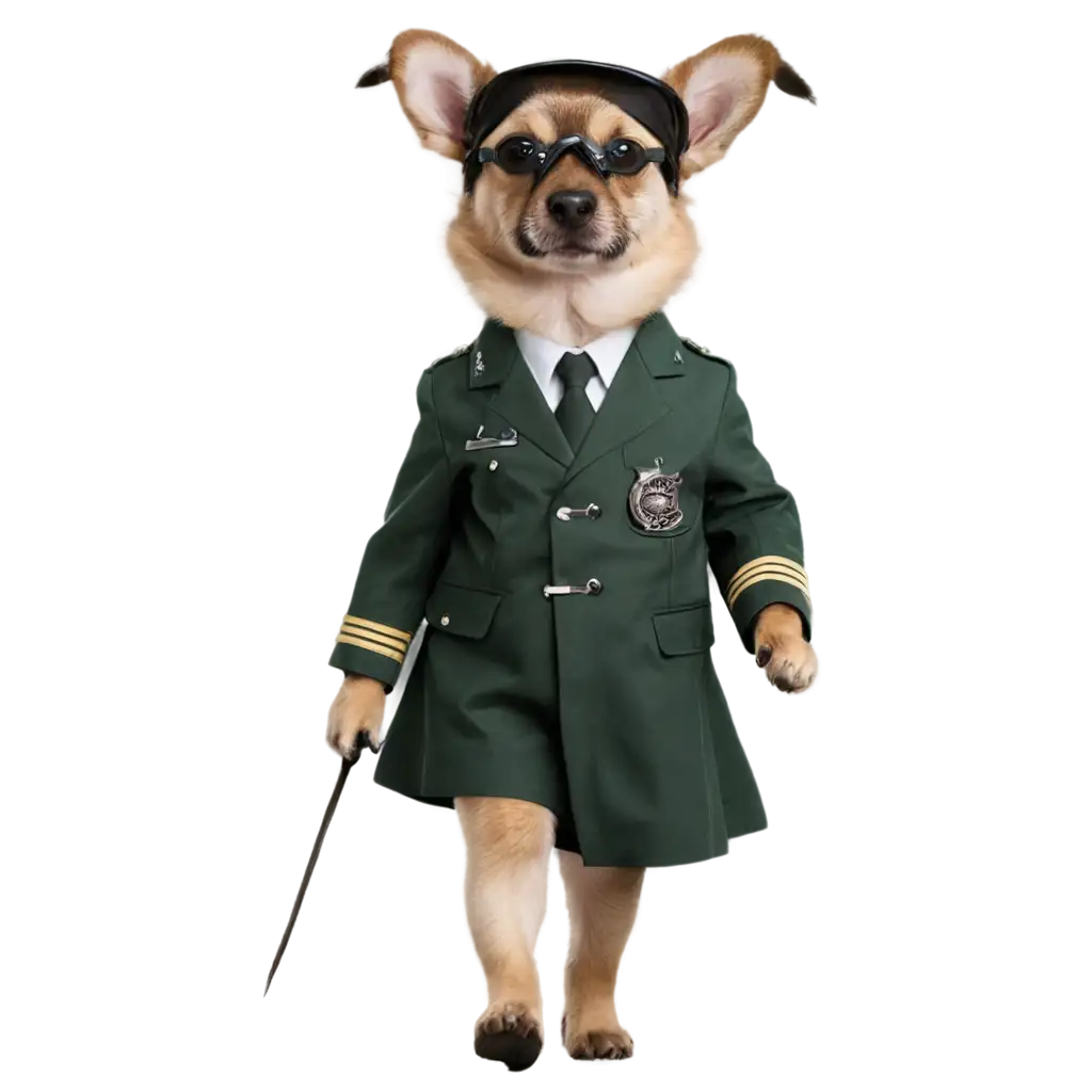 A cute dog with pilot dress walking on green street