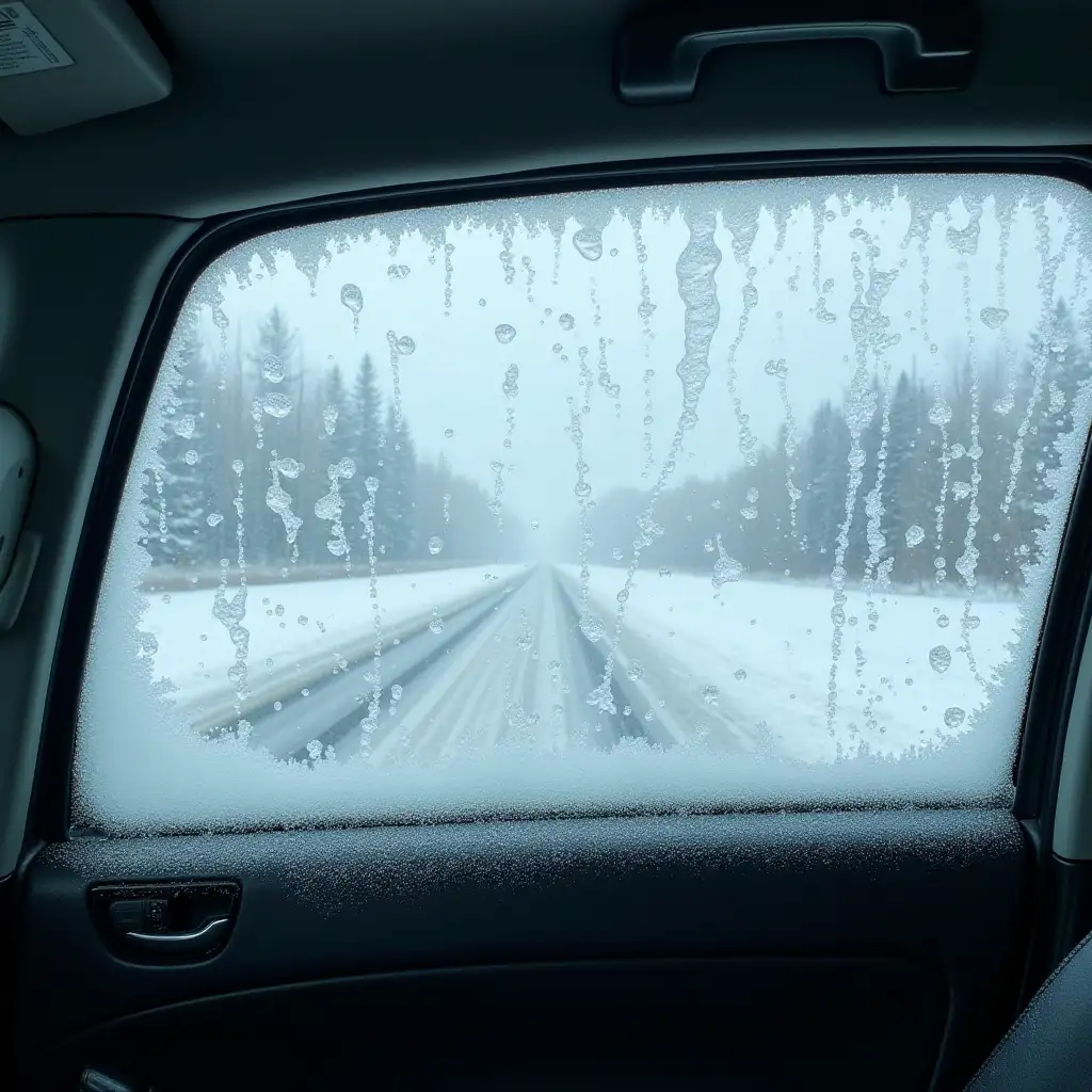 Windows of the car are covered with ice from the inside, can't see anything