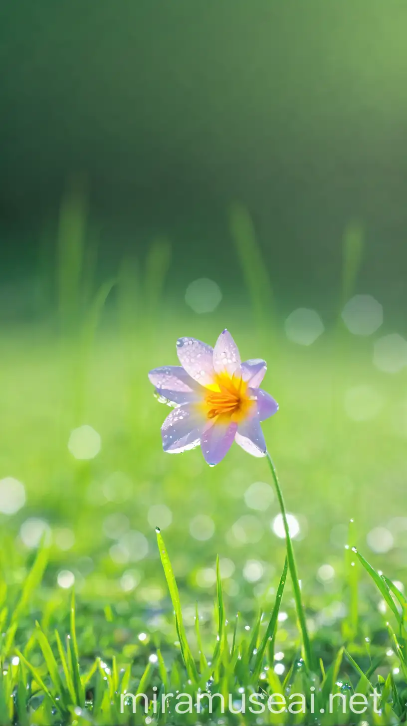 Serene Morning Scene Vibrant Flower on Dewy Green Field