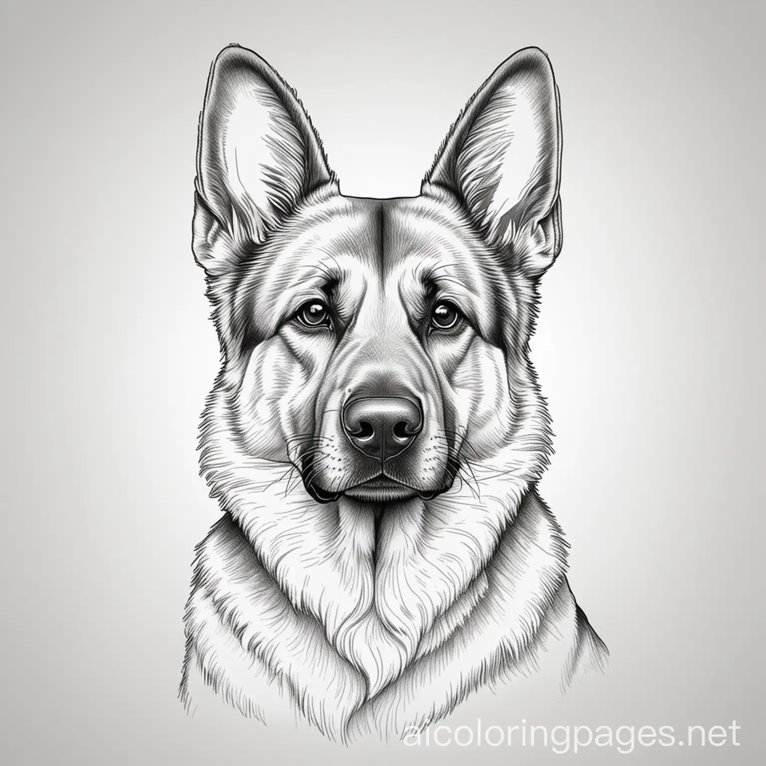 German shepard, Coloring Page, black and white, line art, white background, Simplicity, Ample White Space. The background of the coloring page is plain white to make it easy for young children to color within the lines. The outlines of all the subjects are easy to distinguish, making it simple for kids to color without too much difficulty