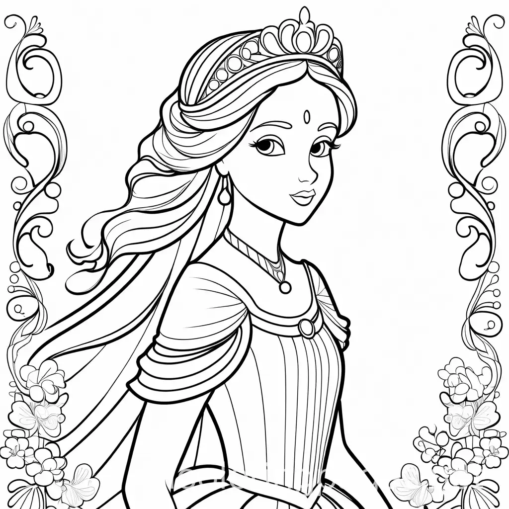 Princess, Coloring Page, black and white, line art, white background, Simplicity, Ample White Space. The background of the coloring page is plain white to make it easy for young children to color within the lines. The outlines of all the subjects are easy to distinguish, making it simple for kids to color without too much difficulty