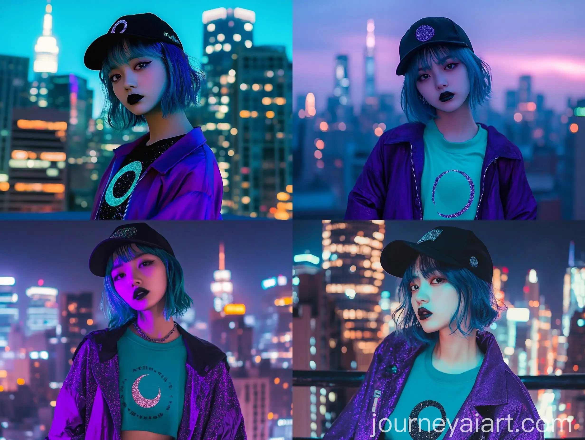 Modern-Korean-Girl-in-Night-Manhattan-Skyline-with-Teal-TShirt-and-Purple-Jacket