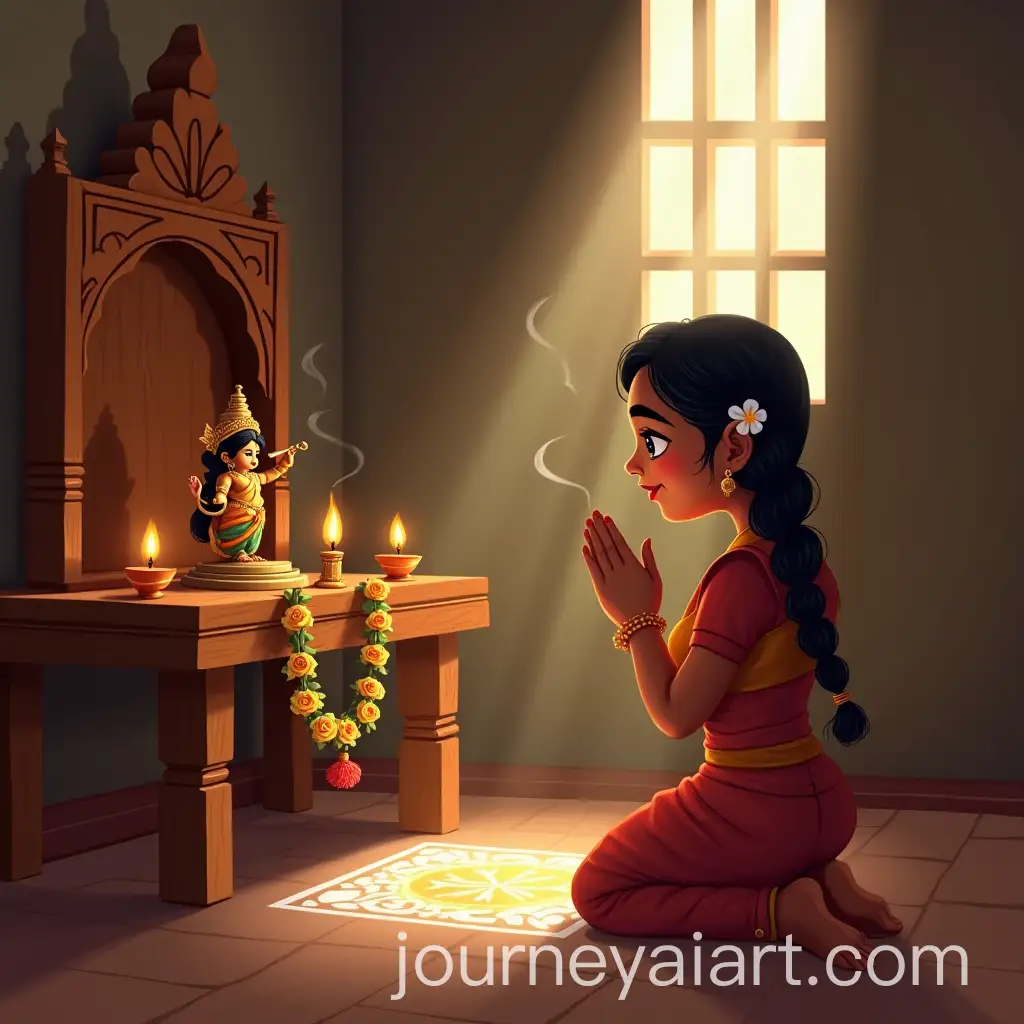 South-Indian-Woman-Praying-in-Traditional-Puja-Room-with-Altar-and-Oil-Lamps